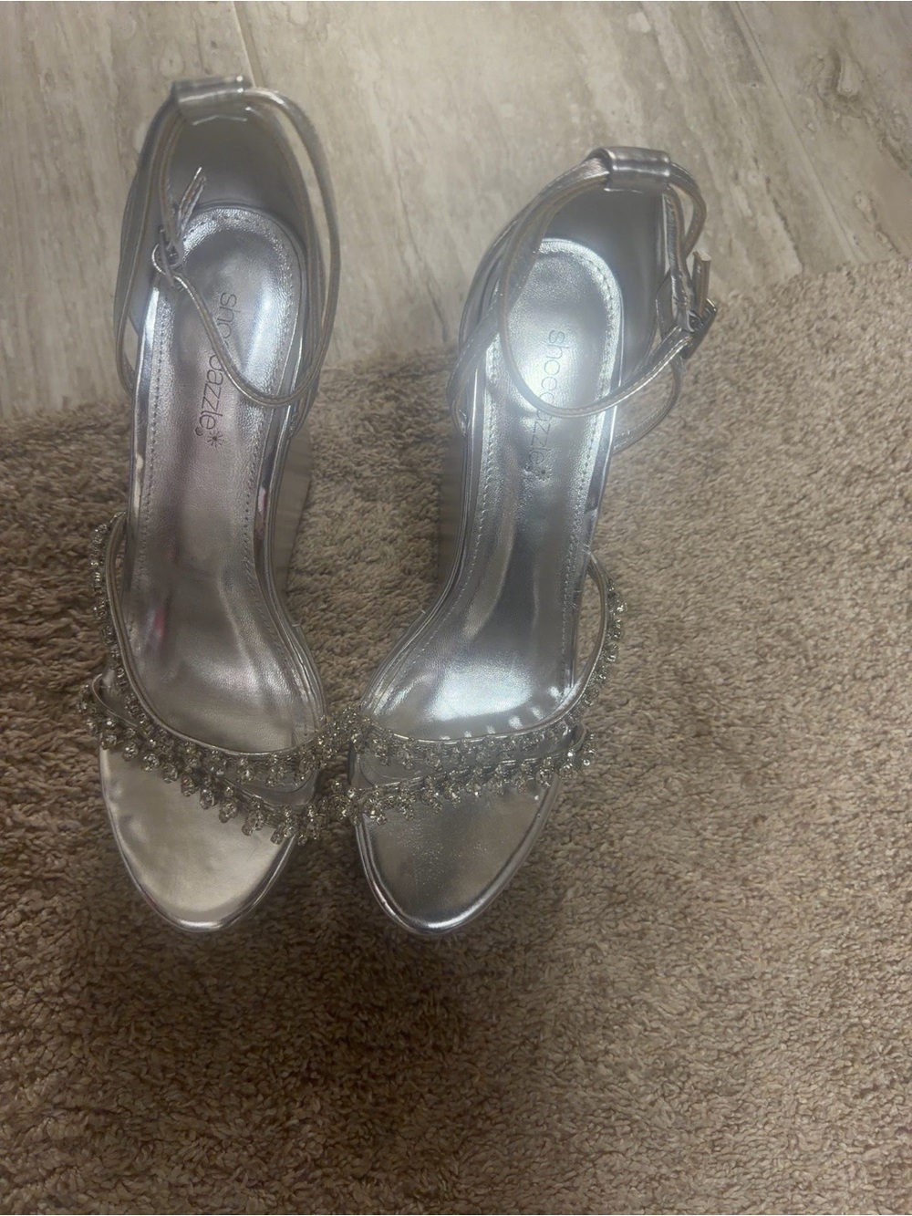 Shoe Dazzle Silver Jeweled Wedge Sandals